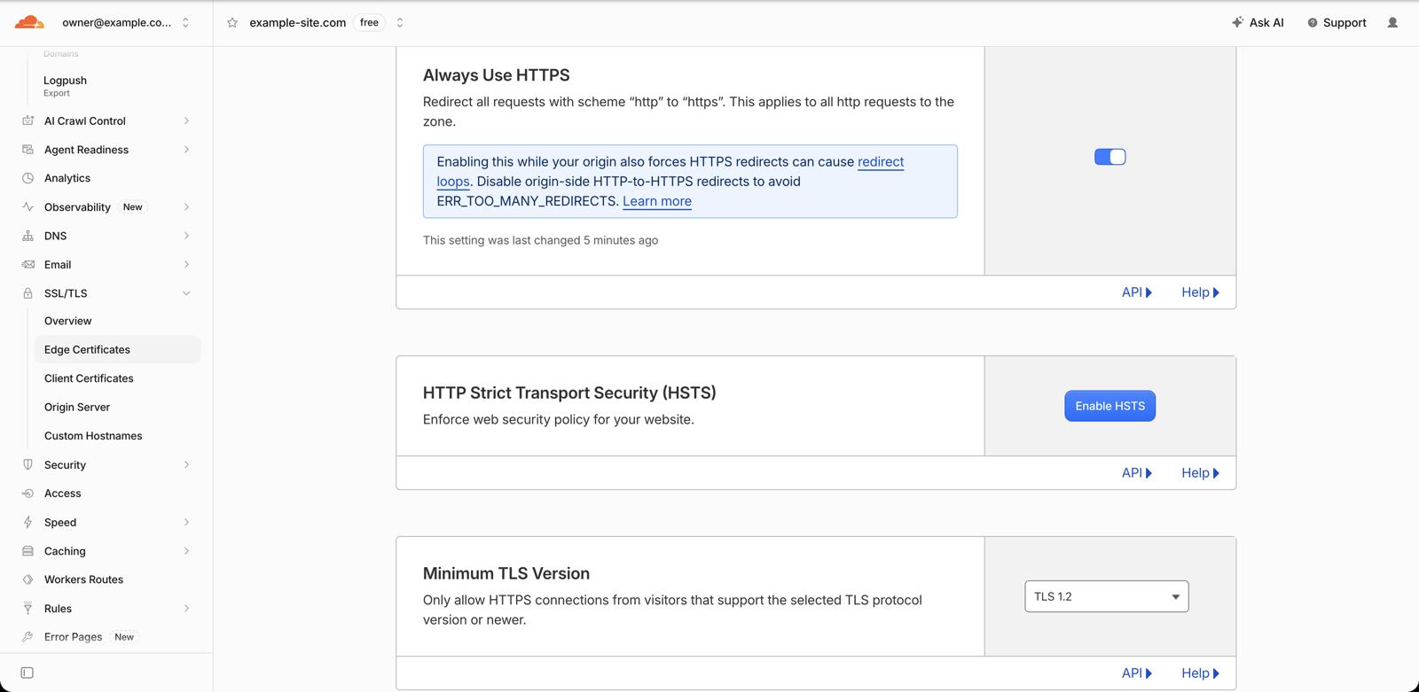 Cloudflare SSL/TLS settings after: Always Use HTTPS on, minimum TLS version 1.2. Domain and account redacted.