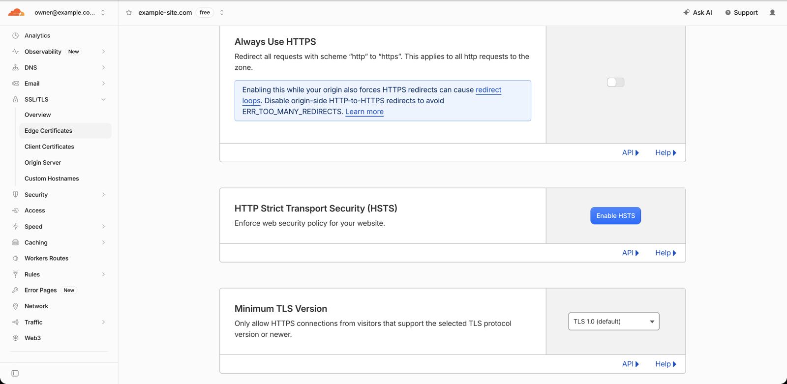 Cloudflare SSL/TLS settings before: Always Use HTTPS off, minimum TLS version 1.0. Domain and account redacted.