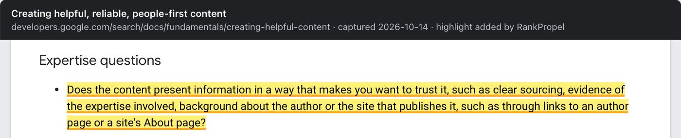 Google's "Creating helpful, reliable, people-first content" page, "Expertise questions" section. Highlighted: "Does the content present information in a way that makes you want to trust it, such as clear sourcing, evidence of the expertise involved, background about the author or the site that publishes it, such as through links to an author page or a site's About page?"