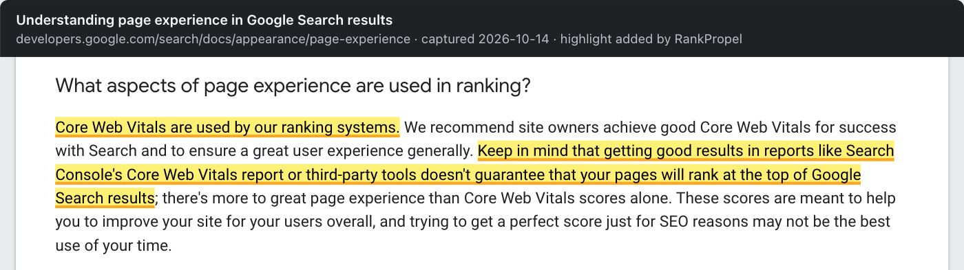 Google's "Understanding page experience in Google Search results", answer to "What aspects of page experience are used in ranking?". Highlighted: "Core Web Vitals are used by our ranking systems" and "Keep in mind that getting good results in reports like Search Console's Core Web Vitals report or third-party tools doesn't guarantee that your pages will rank at the top of Google Search results". The paragraph adds that a perfect score just for SEO reasons may not be the best use of your time.