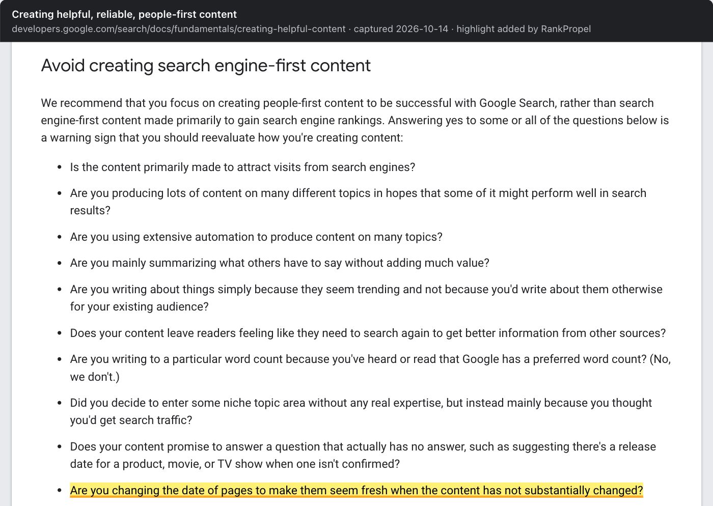 Google's "Creating helpful, reliable, people-first content", section "Avoid creating search engine-first content", which says answering yes to the questions below is a warning sign. The last question shown is highlighted: "Are you changing the date of pages to make them seem fresh when the content has not substantially changed?"