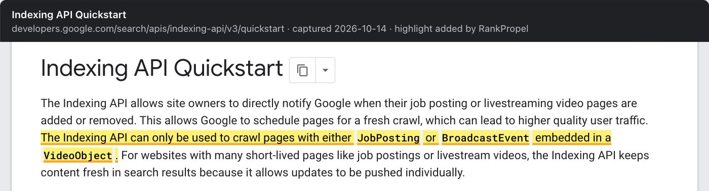 Google's Indexing API Quickstart. Highlighted: "The Indexing API can only be used to crawl pages with either JobPosting or BroadcastEvent embedded in a VideoObject."