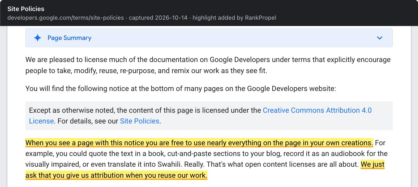 Google Developers Site Policies page. Below the notice "Except as otherwise noted, the content of this page is licensed under the Creative Commons Attribution 4.0 License", two sentences are highlighted: "When you see a page with this notice you are free to use nearly everything on the page in your own creations" and "We just ask that you give us attribution when you reuse our work."