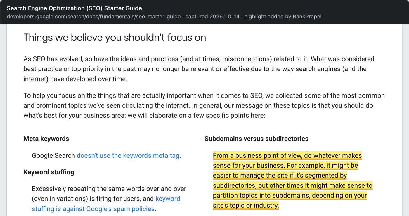 Google's SEO Starter Guide, section "Things we believe you shouldn't focus on", entry "Subdomains versus subdirectories". Highlighted: "From a business point of view, do whatever makes sense for your business. For example, it might be easier to manage the site if it's segmented by subdirectories, but other times it might make sense to partition topics into subdomains, depending on your site's topic or industry."