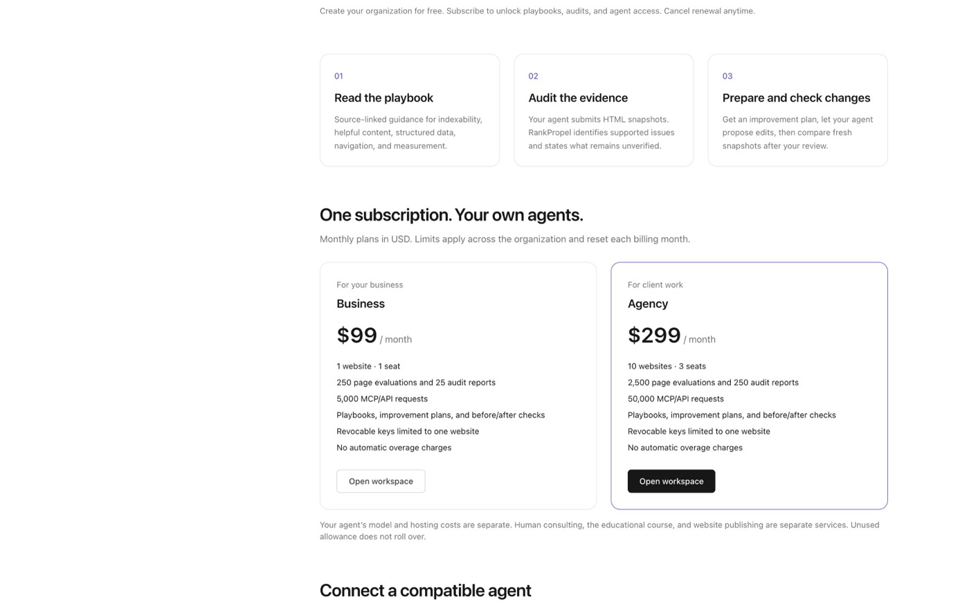 RankPropel agent plans before the change: Business $99 and Agency $299