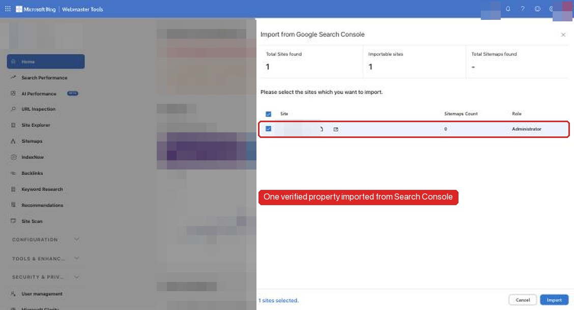 The Bing Webmaster Tools "Import from Google Search Console" dialog showing one site found, one importable, selected with the Administrator role. The site URL, the background dashboard and the account avatar are pixelated.