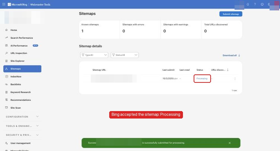The Bing Webmaster Tools Sitemaps page with one known sitemap whose status is "Processing" and a success message for the submission. The site selector, sitemap URL and avatar are pixelated.