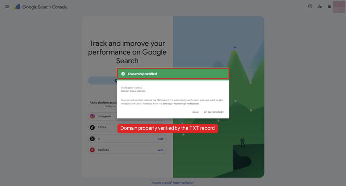 Search Console showing "Ownership verified" with the verification method "Domain name provider". The account avatar is pixelated.