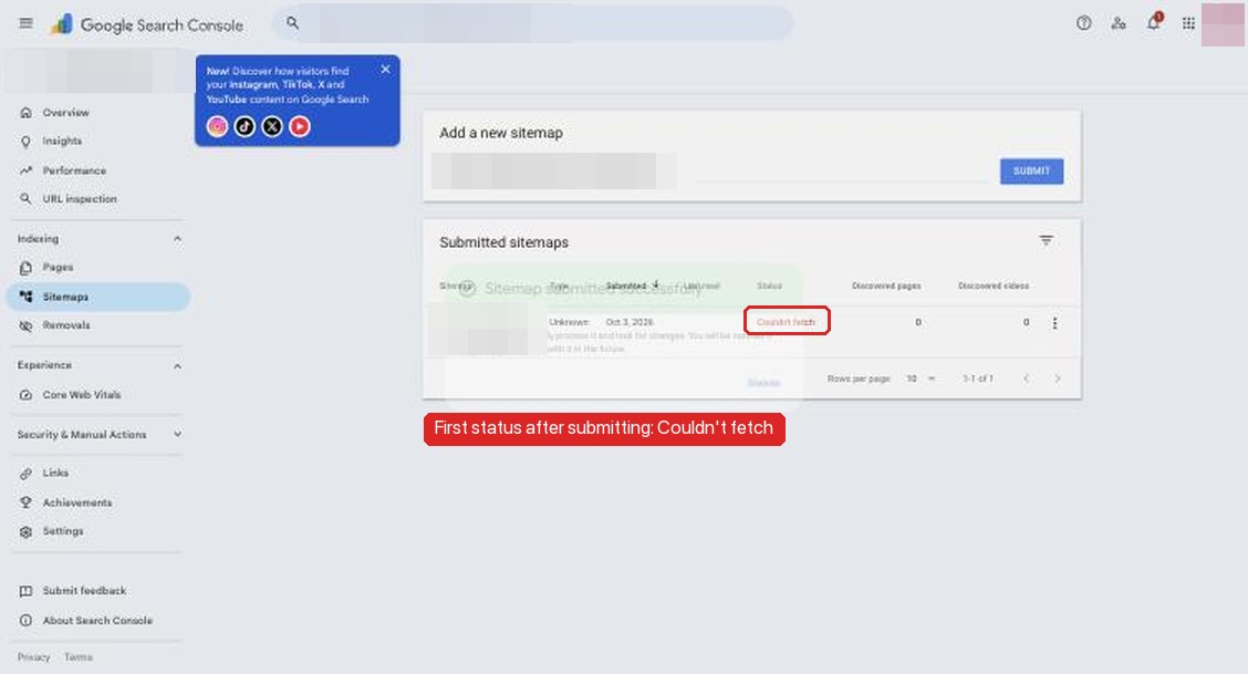 The Search Console Sitemaps report with one submitted sitemap. Its status, "Couldn't fetch", is highlighted, and discovered pages shows 0. The property name, search box and sitemap URL are pixelated.